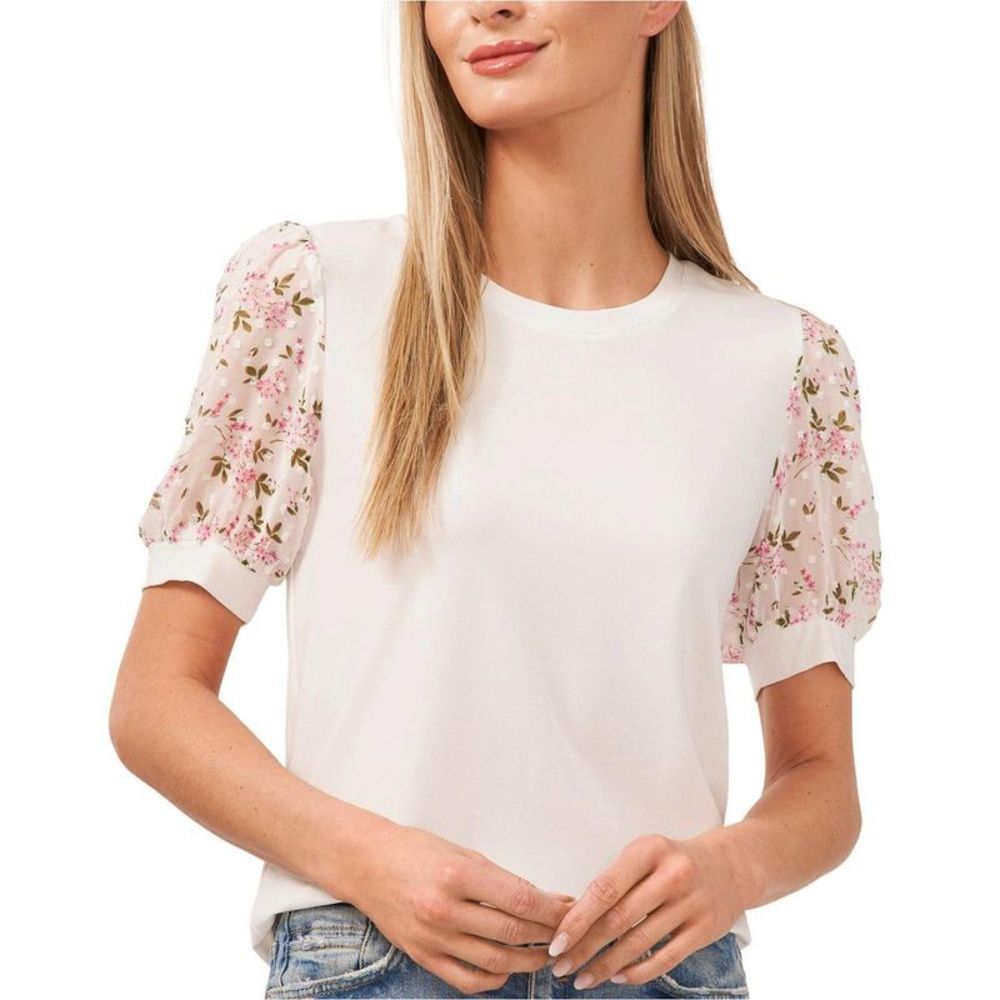 Womens Mixed Media Puff Sleeve Bouquet Knit Top, White, Size Small iQCZ